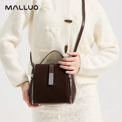 Suede Leather Shoulder Bag - Vintage Cowhide Handbag for Women