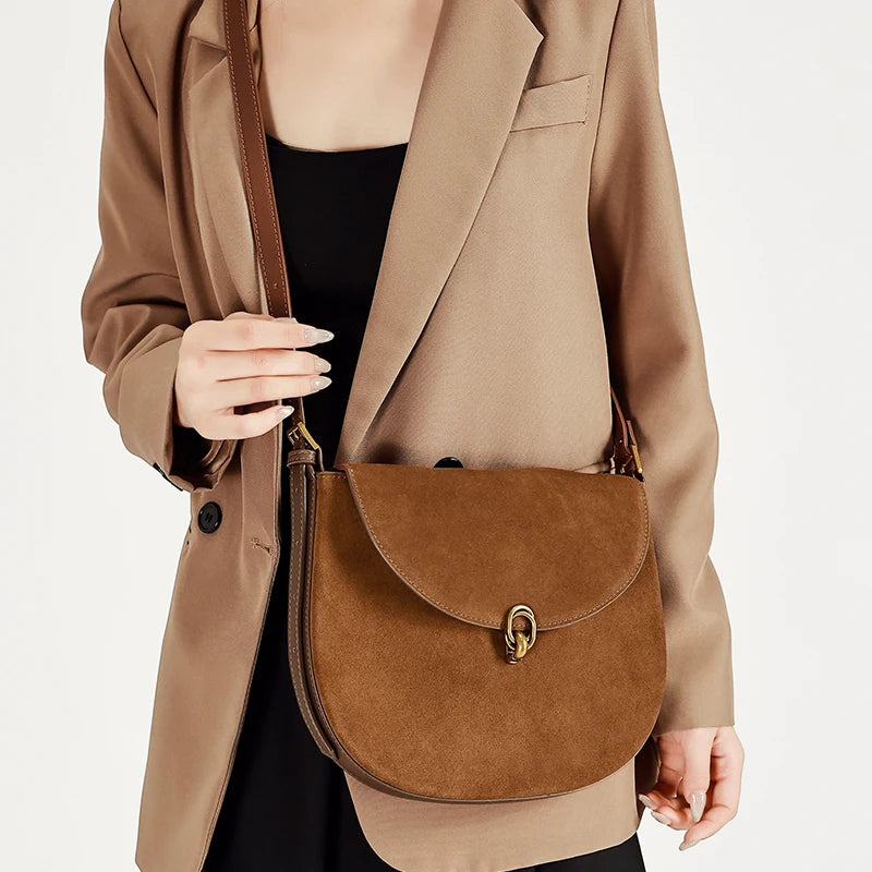 Genuine Leather Saddle Bag – Women's Large Capacity Crossbody with Gold Buckle