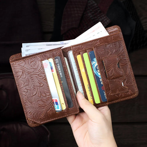 Genuine Leather RFID Blocking Wallet – Floral Embossed Bifold with Card Windows