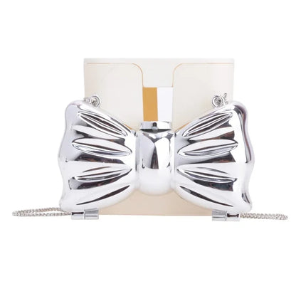 Bow-Shaped Evening Clutch Bag – Gold & Silver Chain Purse
