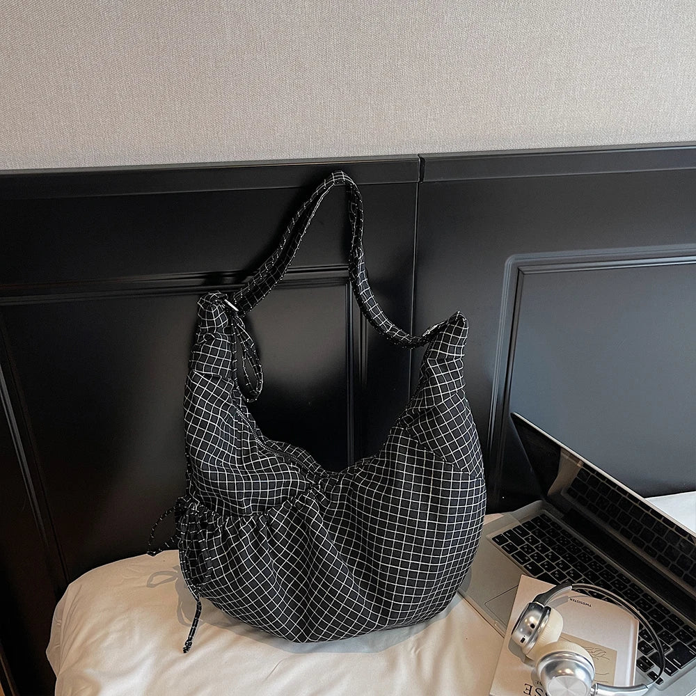 Large Canvas Plaid Shoulder Bag Pleated Hobo Crossbody Tote