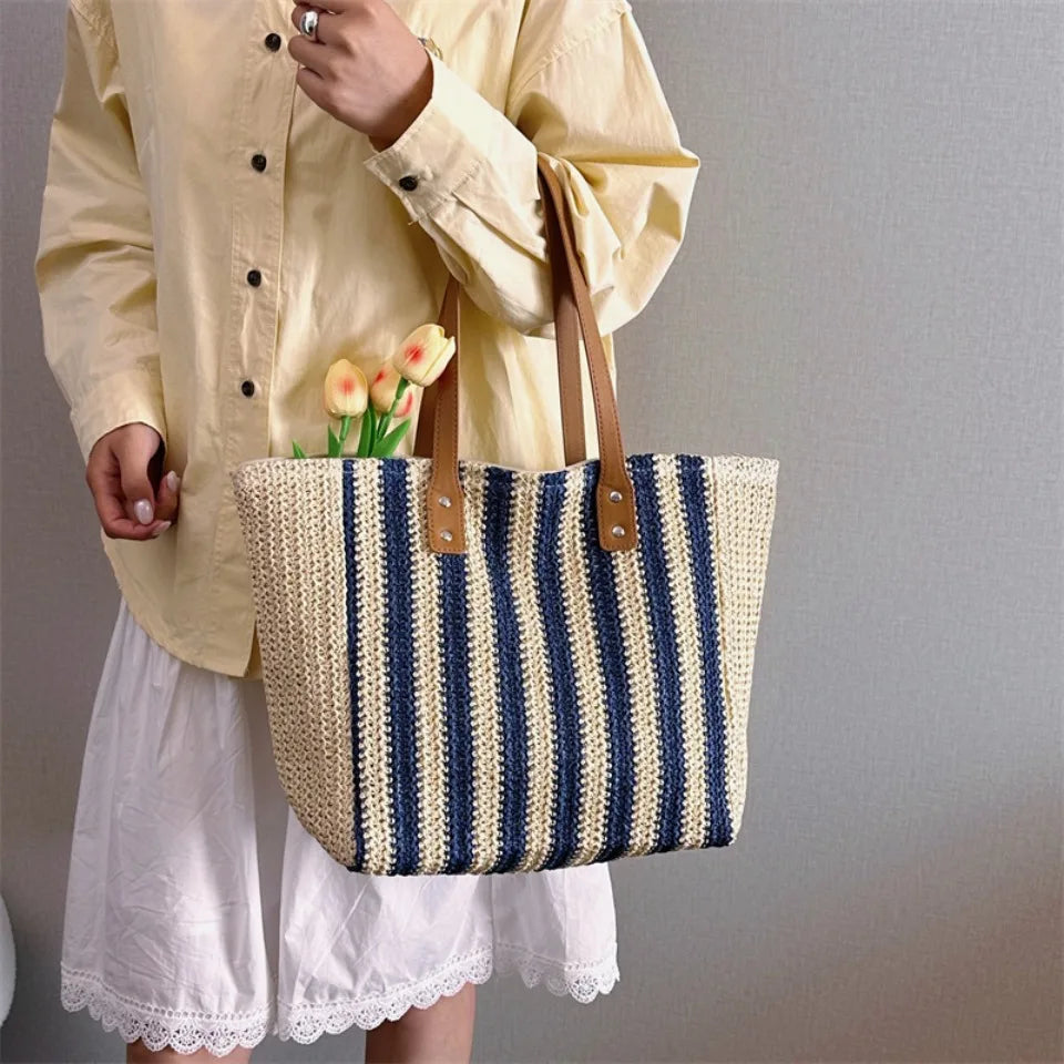 Striped Woven Straw Tote Bag – Large Capacity Shoulder Bag for Women