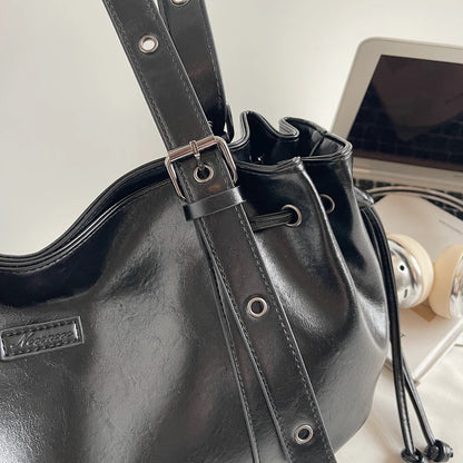 Moods Practical Big Shoulder Hobo Bags Women Soft Vegan Leather Drawstring Large Capacity Shopper