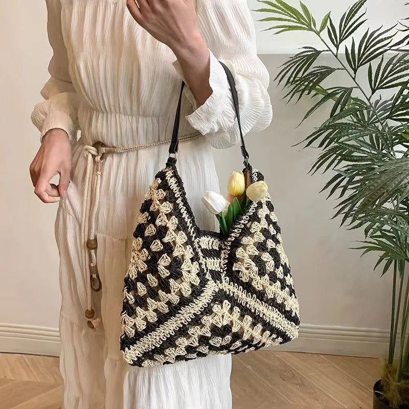 Color Block Straw Woven Shoulder Bag – Beach Tote