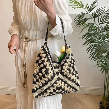 Color Block Straw Woven Shoulder Bag – Beach Tote