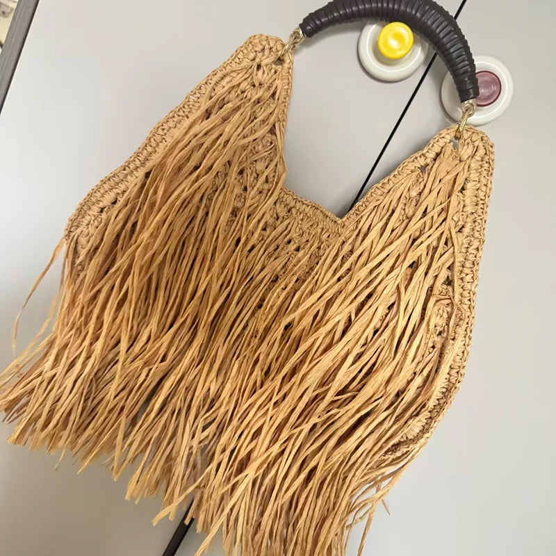 Tassel Fringe Straw Shoulder Bag – Large Boho Beach Handbag