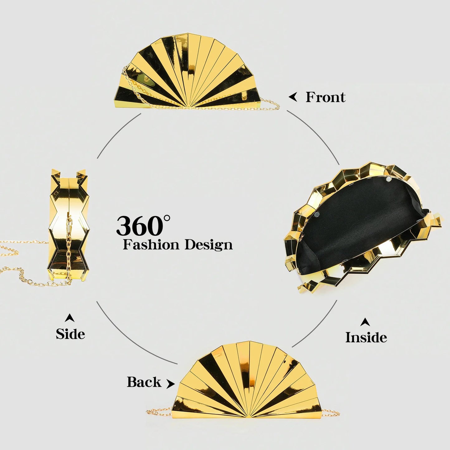 Fan-Shaped Metallic Clutch Bag with Chain Strap