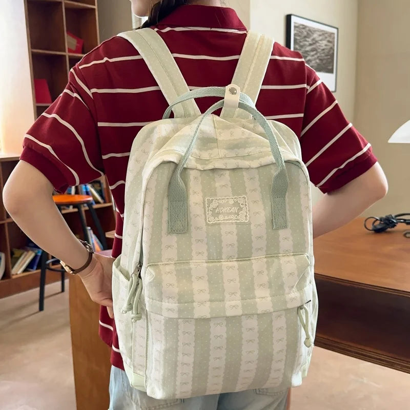 Cute Bow Print Striped Backpack – Lightweight School Bag for Women