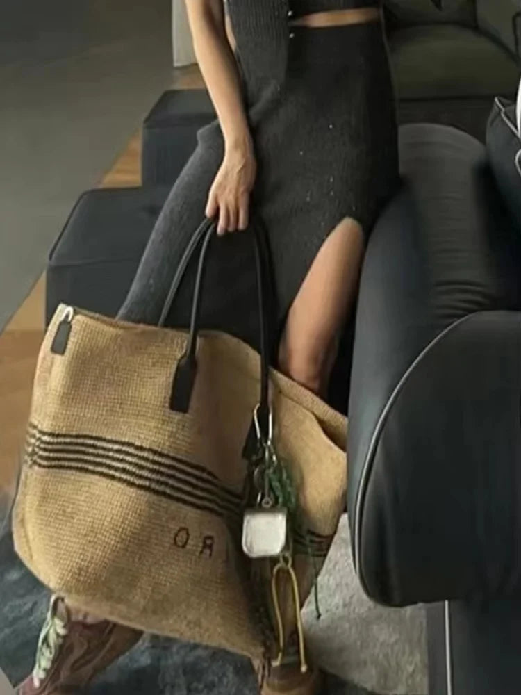 Large Woven Straw Tote Bag – Luxury PU Leather Handle Beach Bag