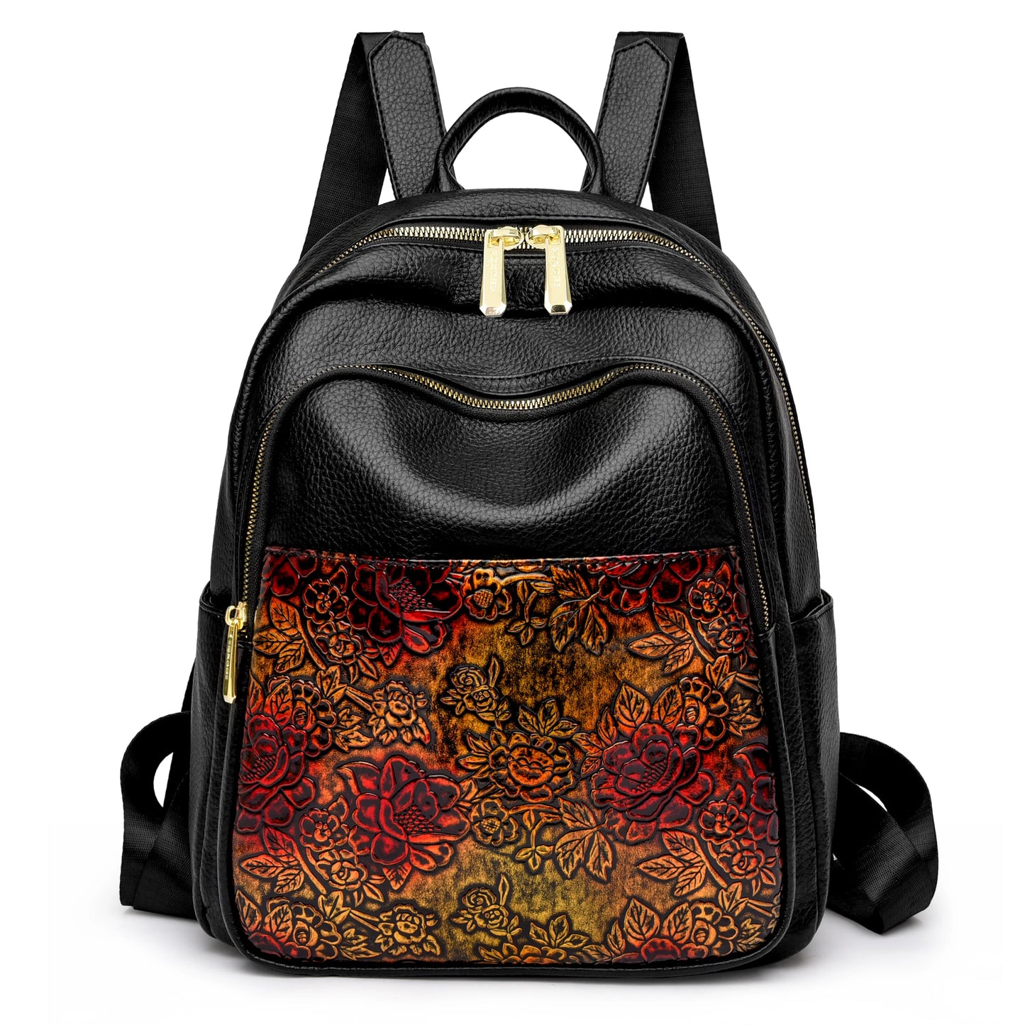 Floral Embossed Leather Backpack for Women – Large Capacity