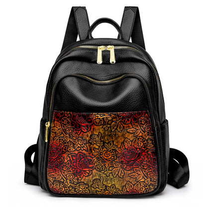 Floral Embossed Leather Backpack for Women – Large Capacity