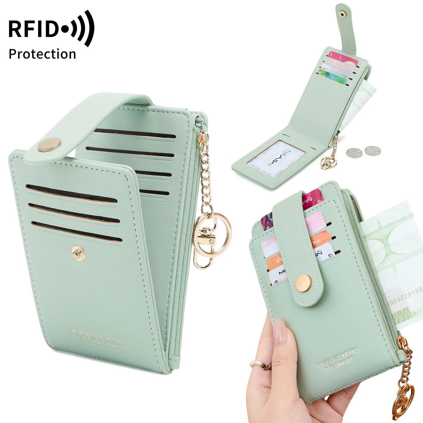 RFID Blocking Women's Mini Wallet with Card Slots & Keychain