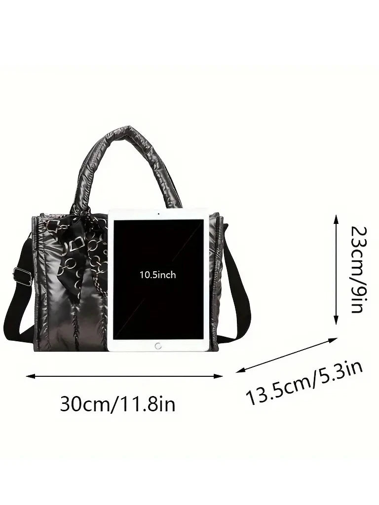 Quilted Women's Tote Bag with Silk Scarf Accent & Crossbody Strap