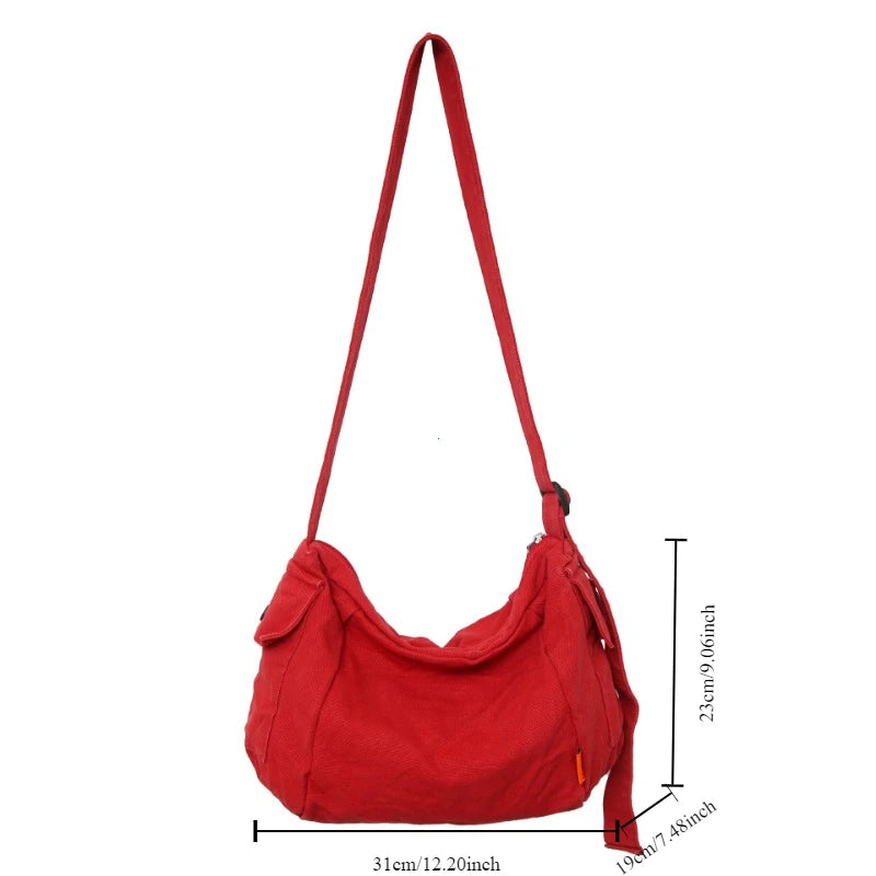 Female Canvas Fabric Hobo Soft Slouchy Shoulder Bag Y2k Student Leisure Medium Size School Book