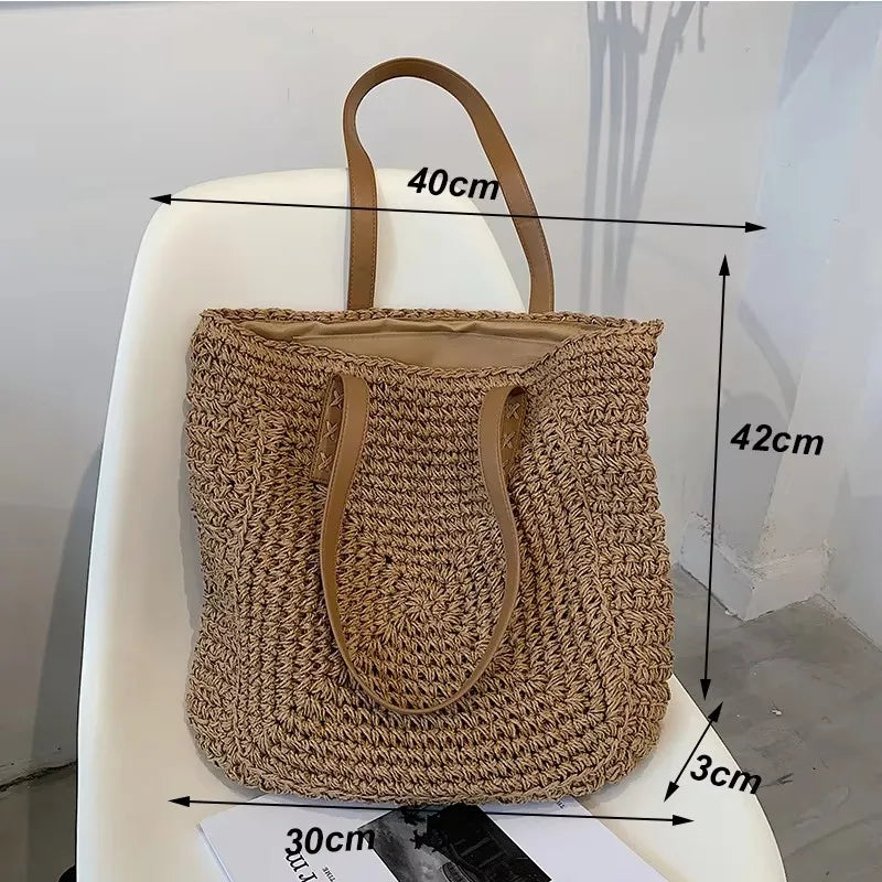 Handmade Straw Woven Round Beach Tote Bag