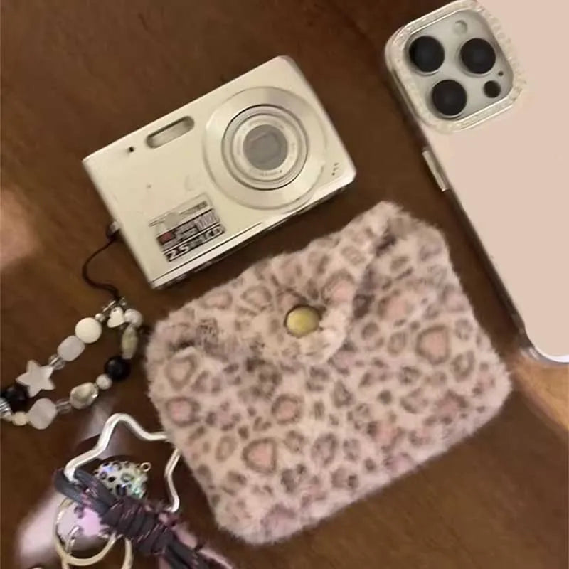 Plush Leopard Print Card Holder Wallet – Cute Fluffy Mini Purse
