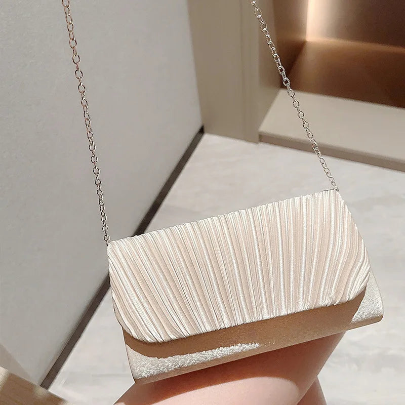 Satin Evening Clutch Bag for Women – Pleated Rhinestone Wedding Purse