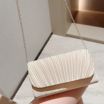 Satin Evening Clutch Bag for Women – Pleated Rhinestone Wedding Purse