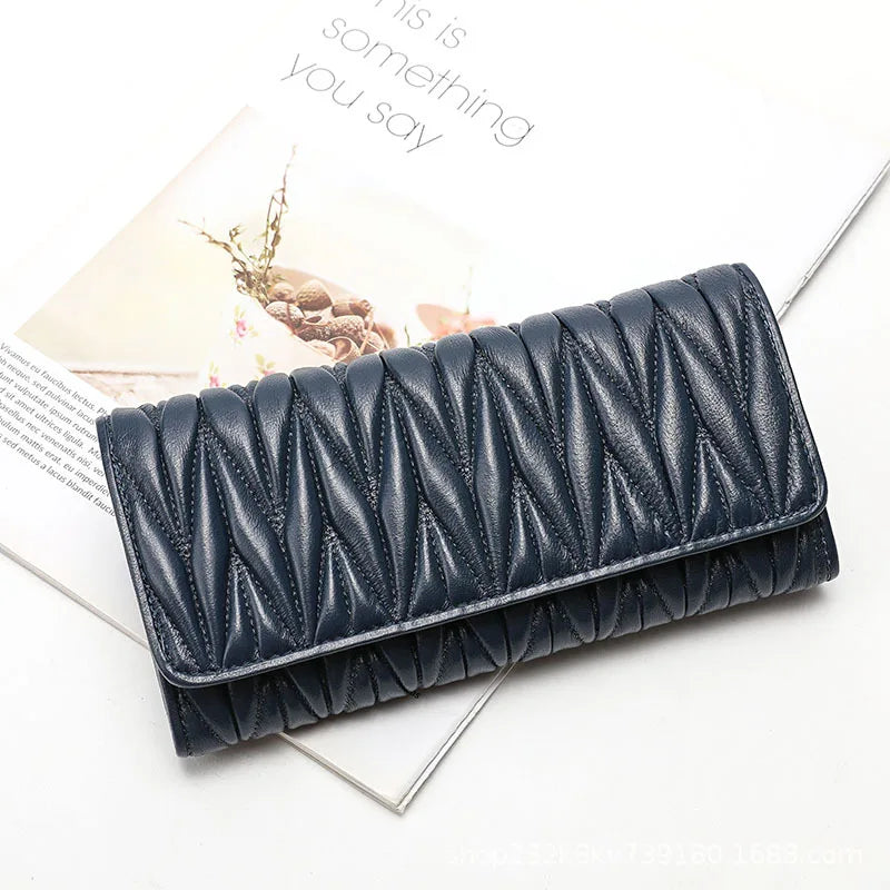 Genuine Sheepskin Leather Long Wallet for Women – Pleated Clutch Purse