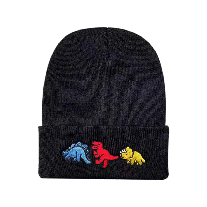 Dinosaur Embroidery Beanie Hat – Soft Warm Knit Cap
