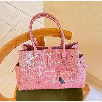 Pink Crocodile-Print Handbag with Heart Detail – Large Capacity Tote