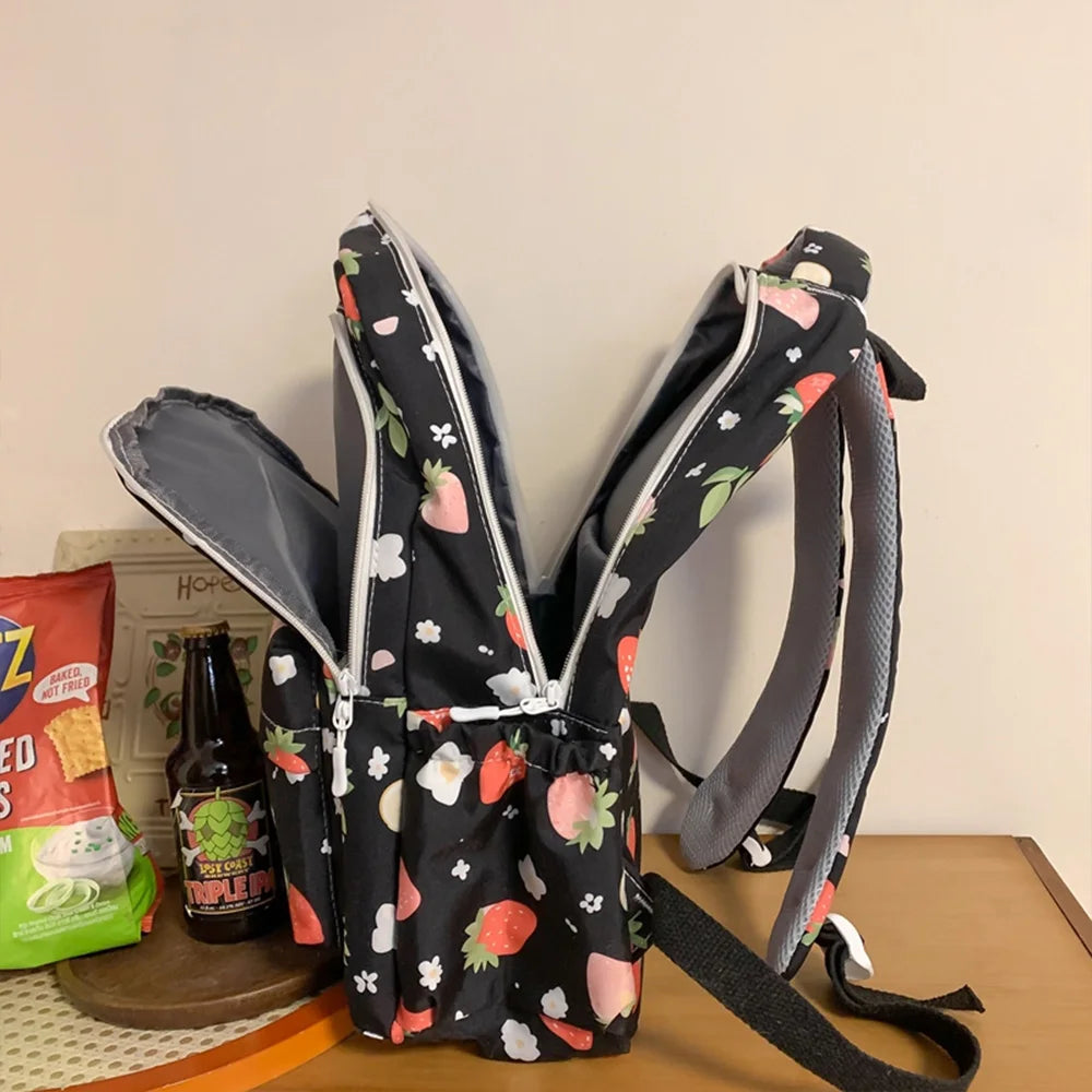 Strawberry Print Nylon Backpack – Cute Lightweight School Bag