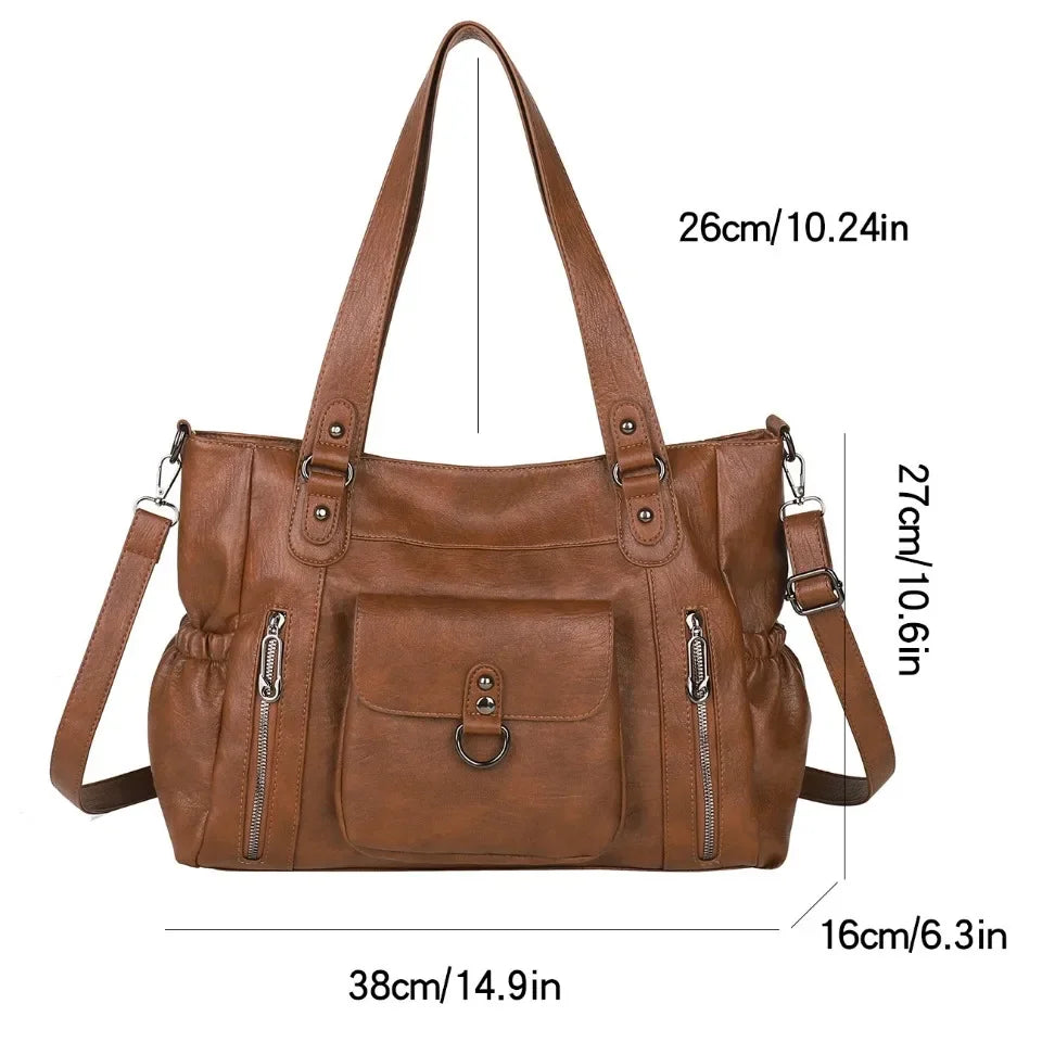 Large Capacity Leather Shoulder Bag with Zipper Pockets