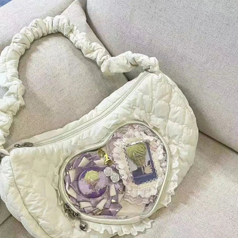 Kawaii Lolita Ita Bag Heart Window Pleated Drawstring Shoulder Bag
