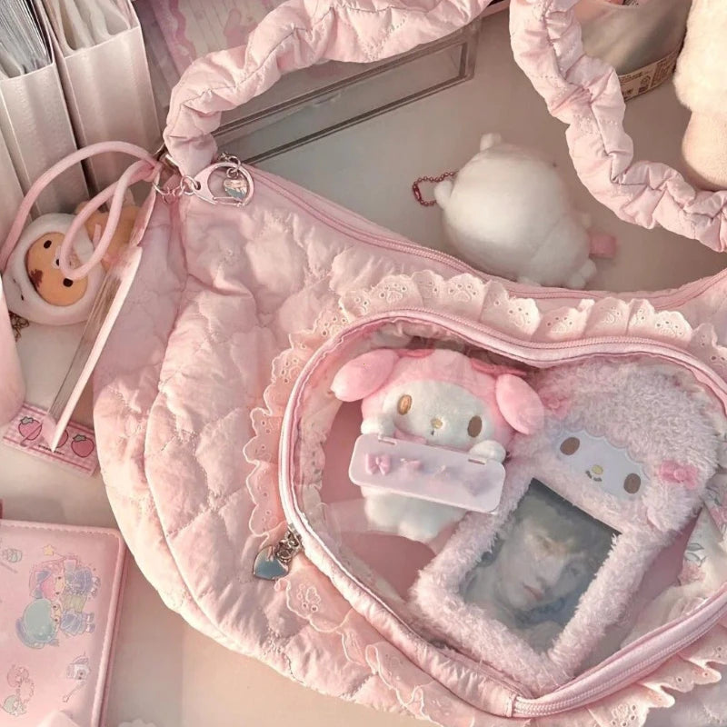 Kawaii Lolita Ita Bag Heart Window Pleated Drawstring Shoulder Bag