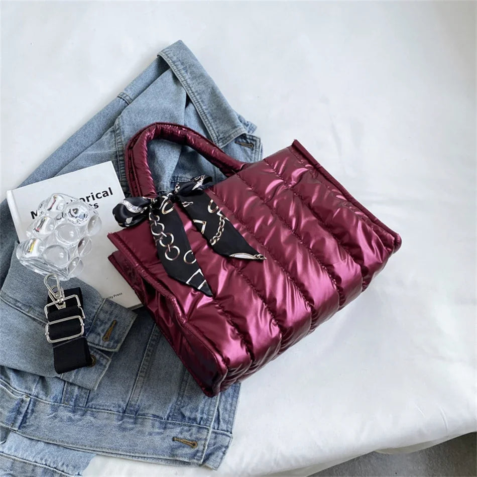 Quilted Women's Tote Bag with Silk Scarf Accent & Crossbody Strap