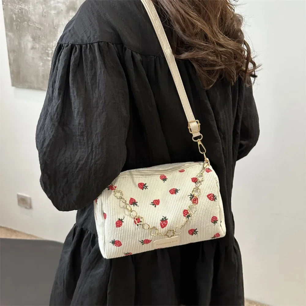 Strawberry Print Corduroy Crossbody Mini Bag for Women