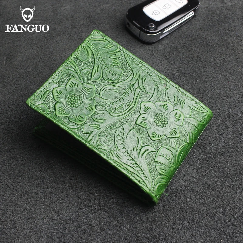 Handmade Floral Embossed Leather Wallet with Card & Coin Slots