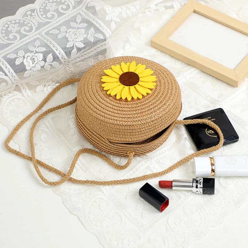 Sunflower Round Straw Crossbody Bag for Women