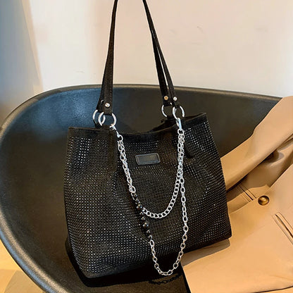 Rhinestone Tote Bag for Women – Large Bling Diamond PU Leather Chain Shoulder Bag