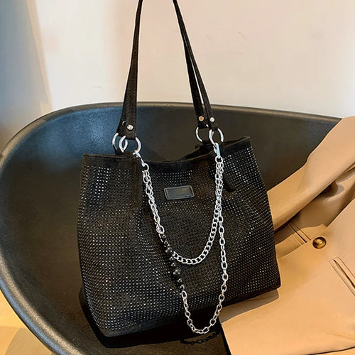 Rhinestone Tote Bag for Women – Large Bling Diamond PU Leather Chain Shoulder Bag
