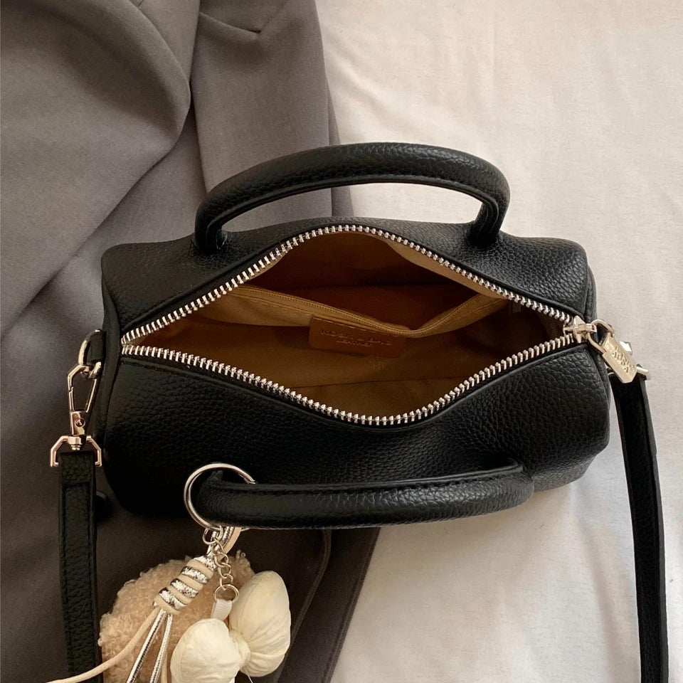 Women's Leather Top Handle Bag – Crossbody Shoulder Purse with Pendant