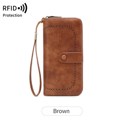 RFID Vintage Long Wallet for Women – Large Capacity Zipper Clutch