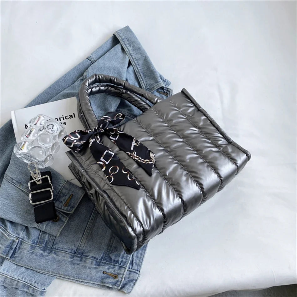 Quilted Women's Tote Bag with Silk Scarf Accent & Crossbody Strap