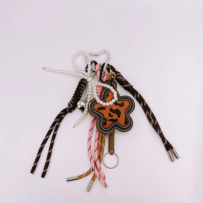 Leopard Print Flower Keychain Bag Charm with Pearl & Braided Rope