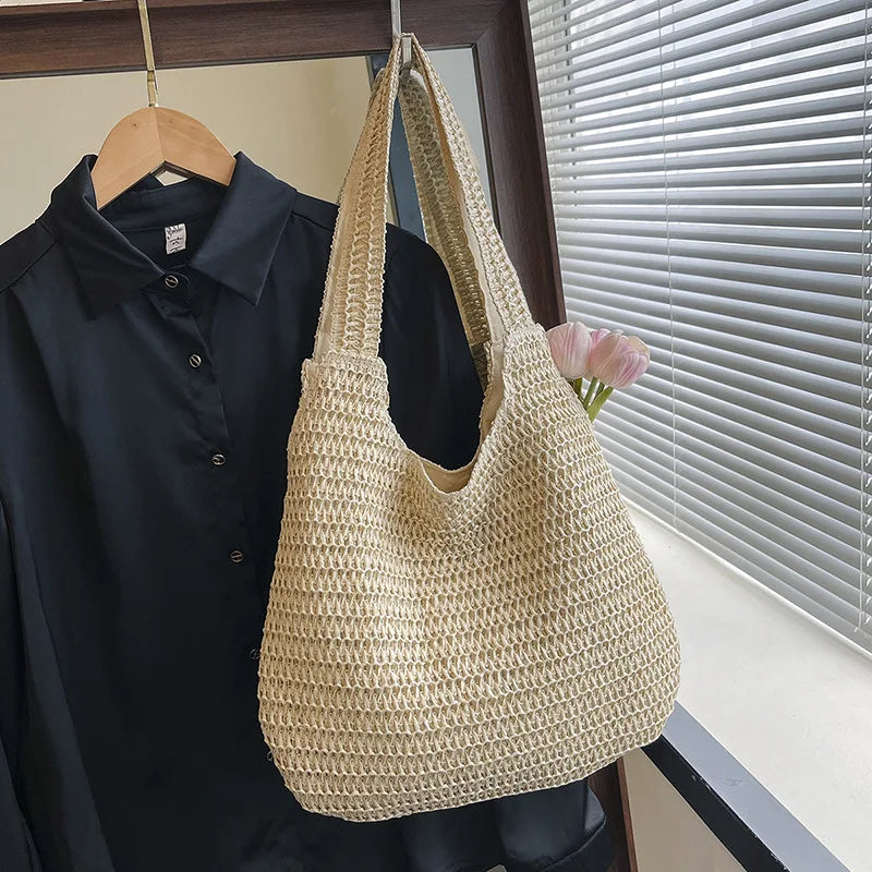 Paper Straw Woven Hobo Bag – Large Capacity Shoulder Tote for Women