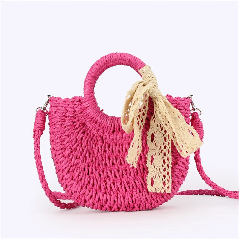 Moon Shape Straw Bag for Women – Woven Rattan Tote with Lace Bow