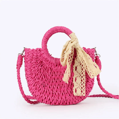 Moon Shape Straw Bag for Women – Woven Rattan Tote with Lace Bow