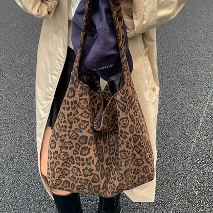 Leopard Print Tote Bag for Women – Large Suede Bucket Shoulder Bag
