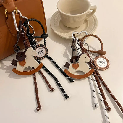 Braided Rope Bag Charm with Leather Rocking Horse Pendant
