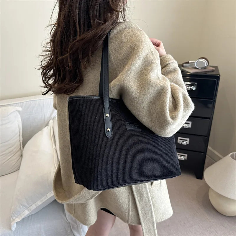 Corduroy Tote Shoulder Bag – Large Capacity Commuter Handbag