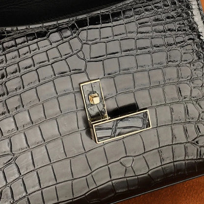 Crocodile Leather Top Handle Crossbody Bag – Black