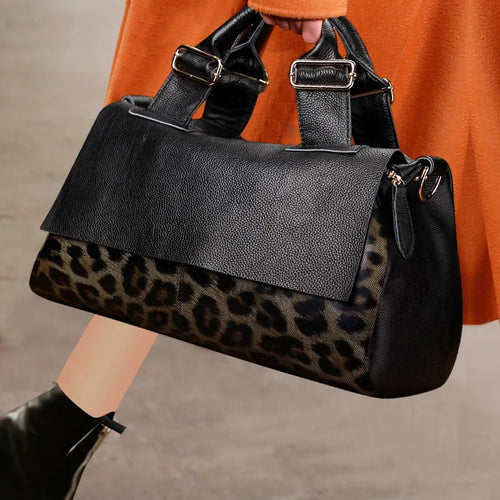 Leopard Print Genuine Leather Shoulder Bag for Women