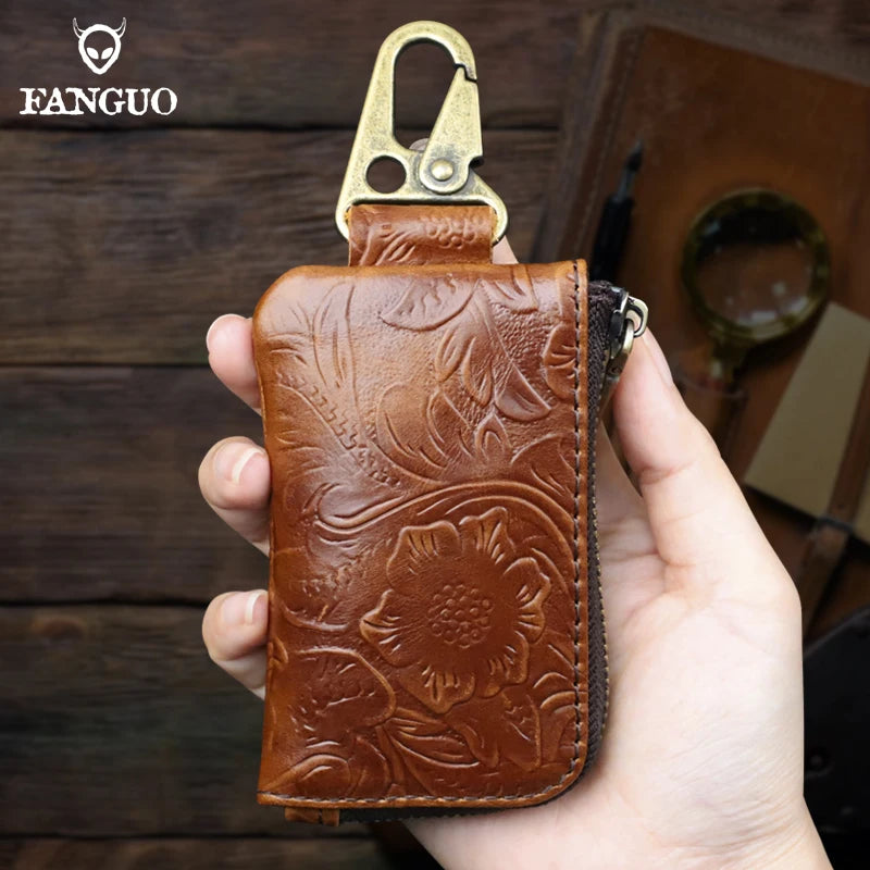 Leather Key Holder Organizer Wallet with Zipper