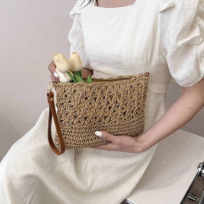 Straw Woven Crossbody Bag – Women's Clutch Purse with Detachable Strap