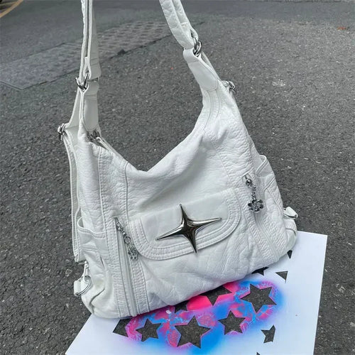Y2K Star Shoulder Bag – White PU Leather Large Capacity Punk Handbag